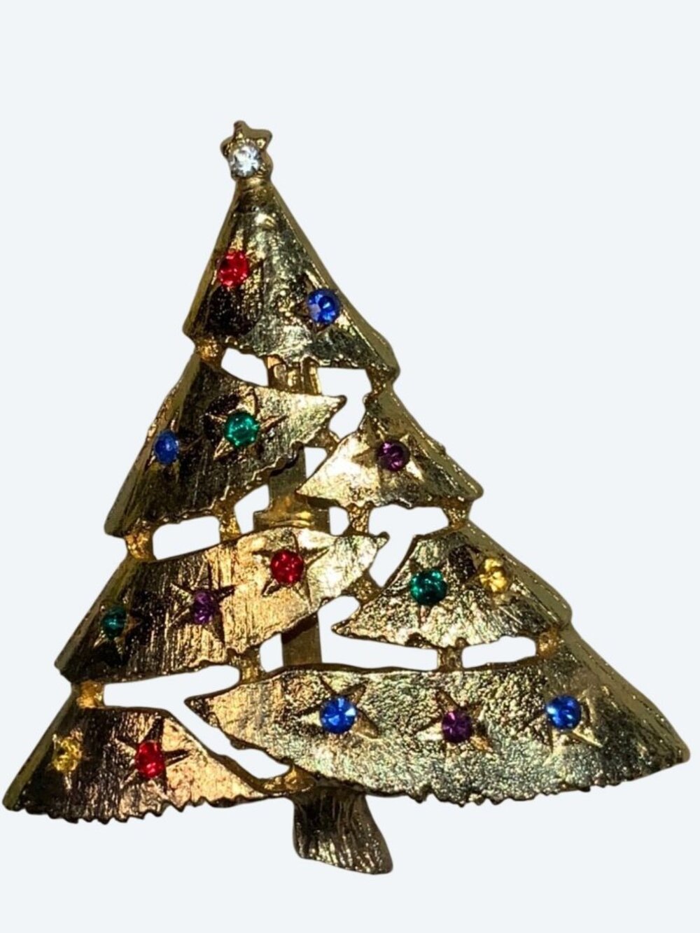 Christmas Tree Pin Brooch Vintage Multi Colored Rhinestone Brushed Gold Tone - Picture 3 of 10